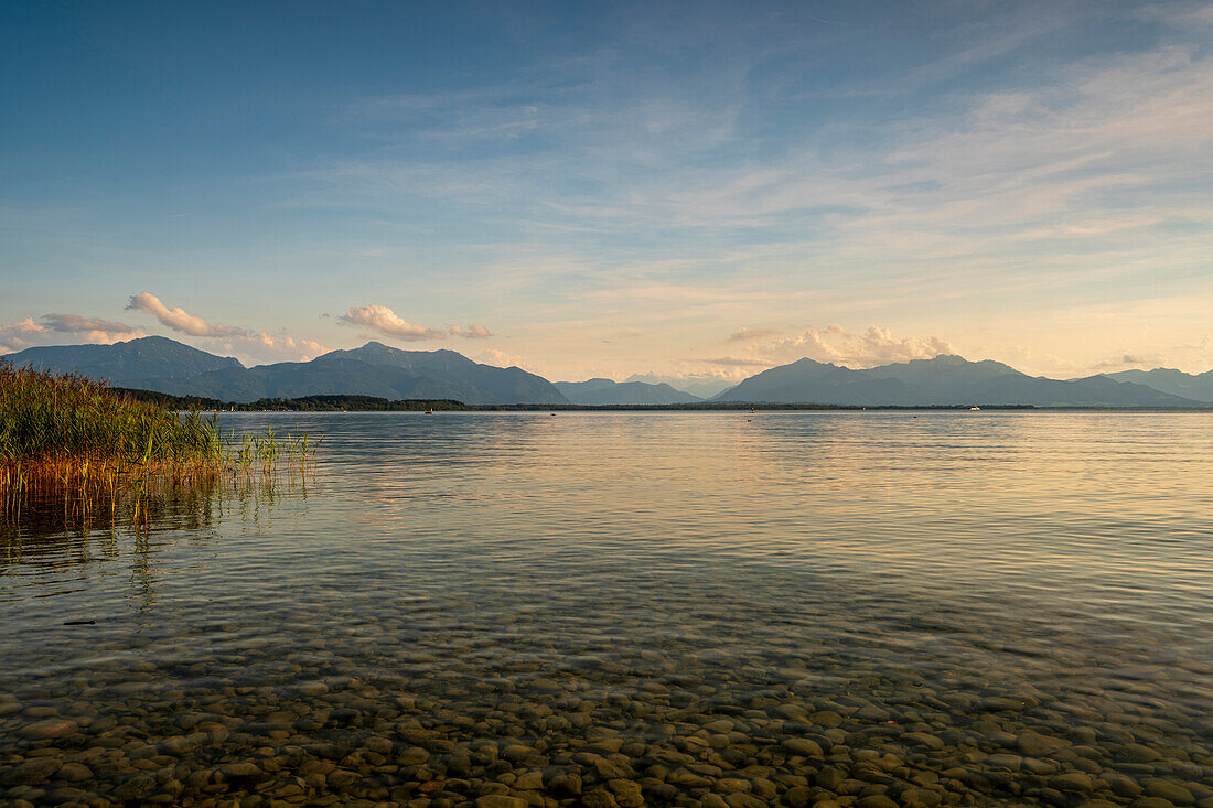 View over the Chiemsee to the alps, Chieming, Upper Bavaria, Germany