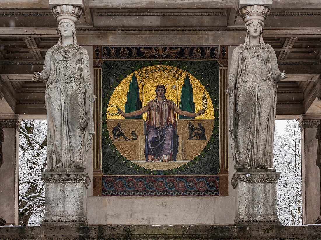 Gold mosaic Peace and statues of the Friedensdenkmal in winter, Munich, Upper Bavaria, Germany