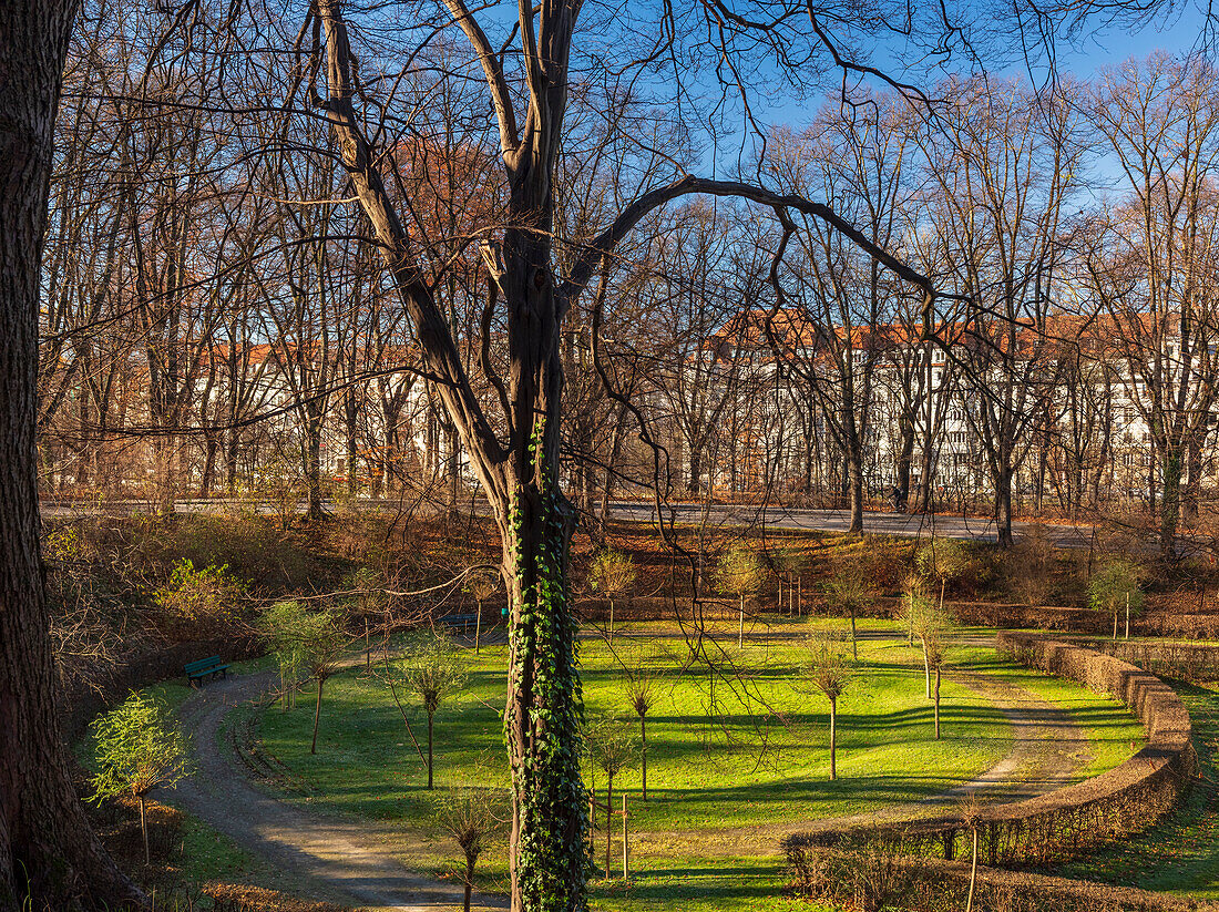 View of the park below the Friedensengel on a sunny winter day, Munich, Upper Bavaria, Germany