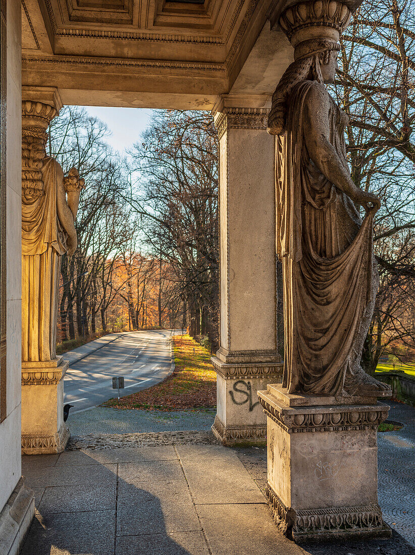 Two caryatids of the Friedensdenkmal on a sunny winter day, Munich, Upper Bavaria, Germany