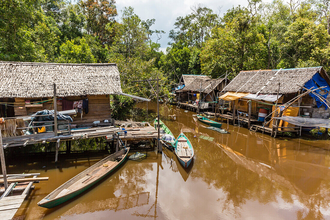 Small fishing village on the Sekonyer River, Tanjung Puting National Park, Kalimantan, Borneo, Indonesia, Southeast Asia, Asia