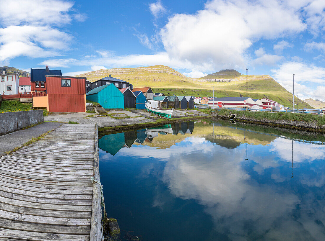 Panoramic of the fishing village of Leirvik, Eysturoy Island, Faroe Islands, Denmark, Europe