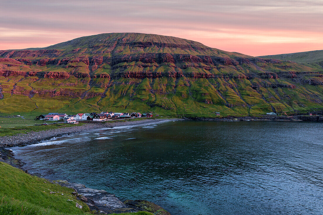 The village of Tjornuvik at sunrise, Sunda Municipality, Streymoy Island, Faroe Islands, Denmark, Europe
