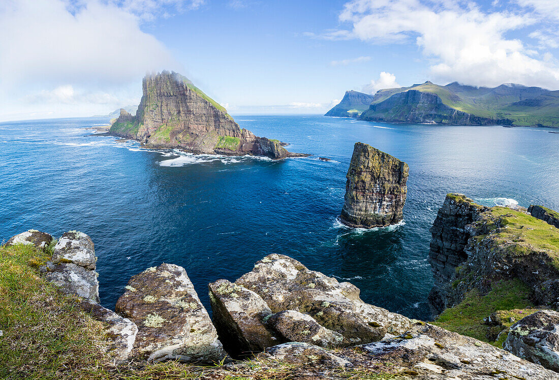 Panoramic of the sea stacks of Drangarnir and Tindholmur islet, Vagar Island, Faroe Islands, Denmark, Europe