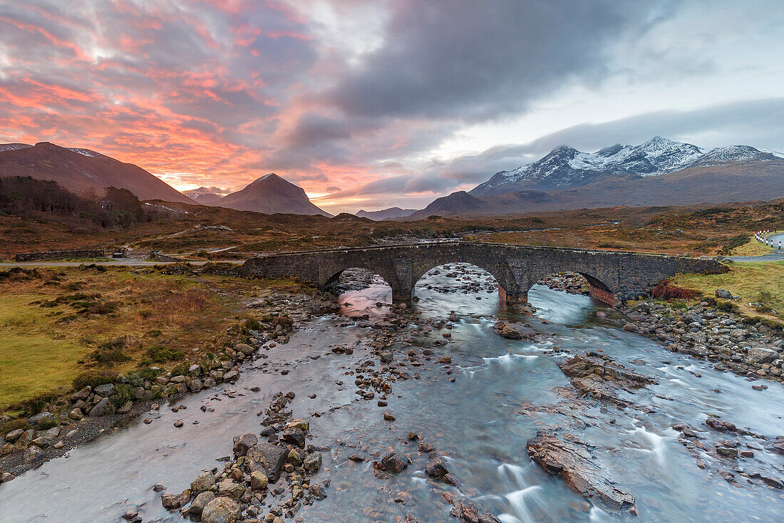 Sgurr nan Gillean in the Cuillin mountains from Sligachan Bridge, Isle of Skye, Inner Hebrides, Scotland, United Kingdom, Europe