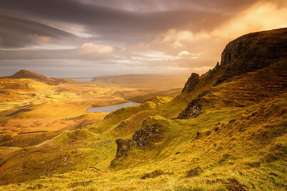The Trotternish Range towards Staffin from the Quiraing on the Isle of Skye, Inner Hebrides, Scotland, United Kingdom, Europe