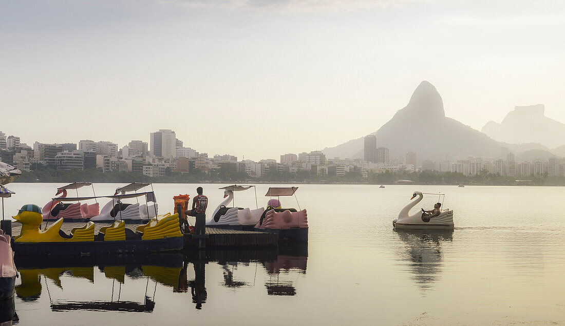 A swan-shaped paddle boat on Lagoa Rodrigo de Freitas in Rio de Janeiro, Brazil, South America