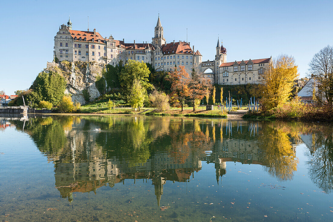 Sigmaringen Castle reflected in the Danube River, Sigmaringen, Baden-Wurttemberg, Germany, Europe