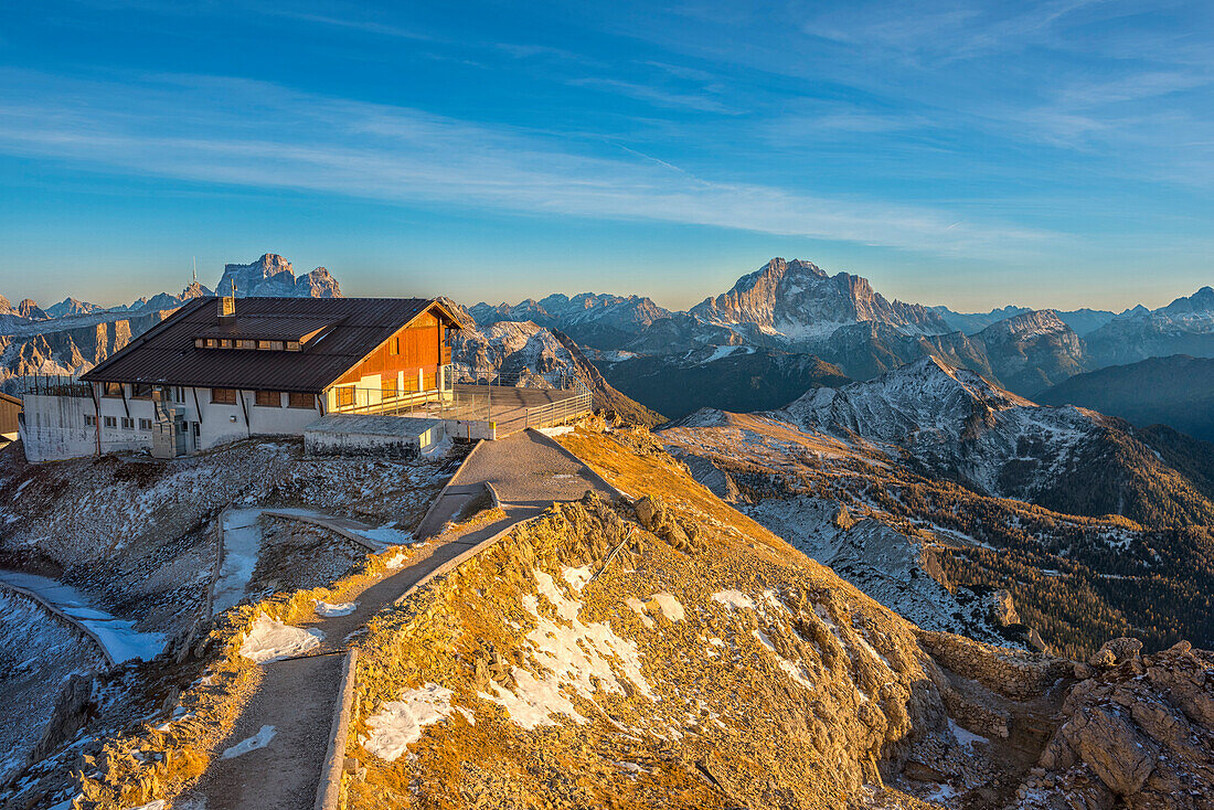 Lagazuoi mountain hut at sunset, Dolomites, Veneto, Italy, Europe