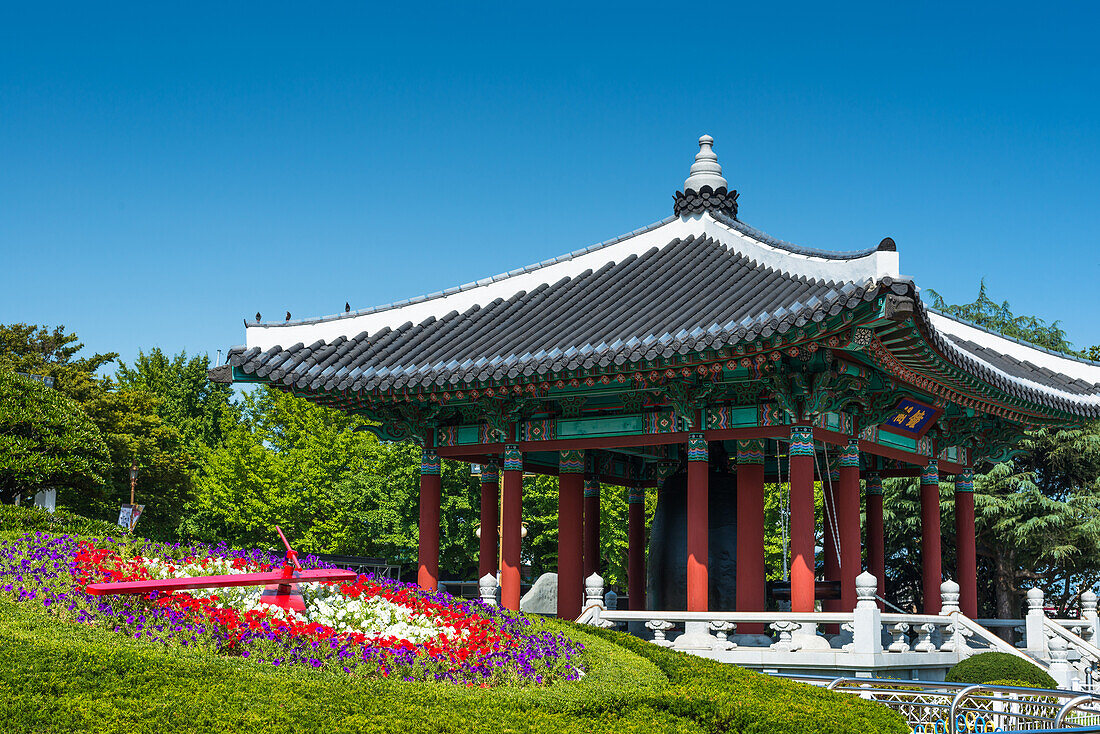 Citizen's Bell Pavilion with Flower clock, Yongdusan Park, Busan, South Korea, Asia