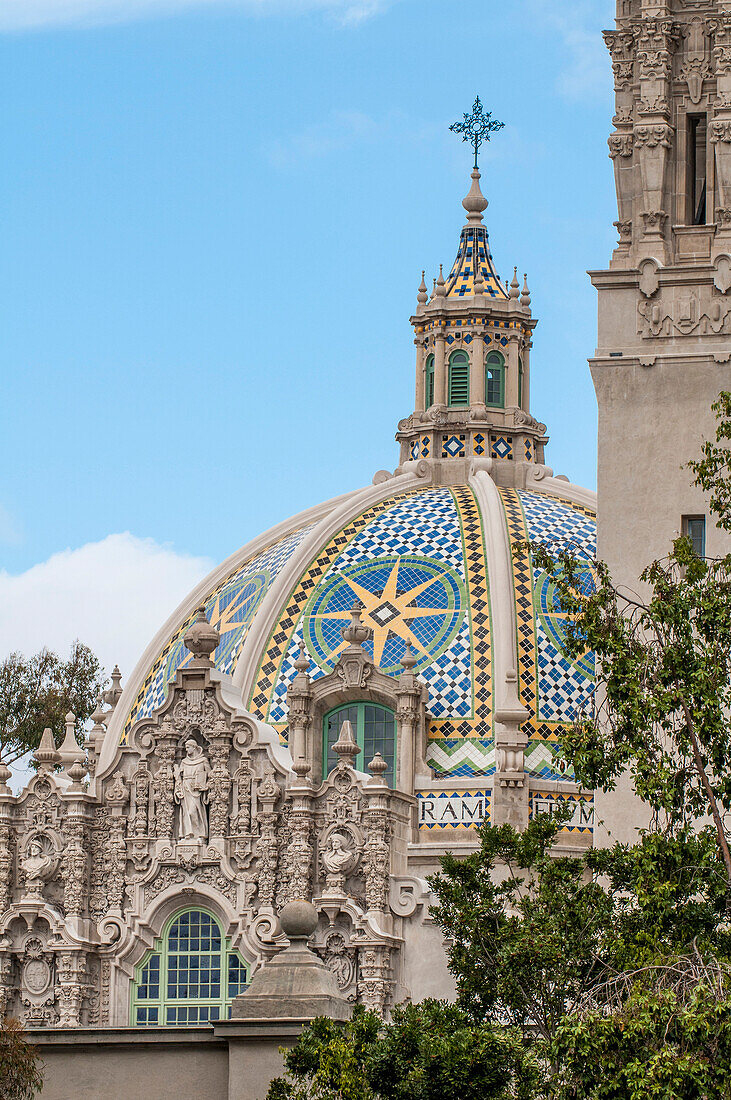 Dome of St. Francis Chapel and bell tower over the Museum of Man, Balboa Park, San Diego, California, United States of America, North America
