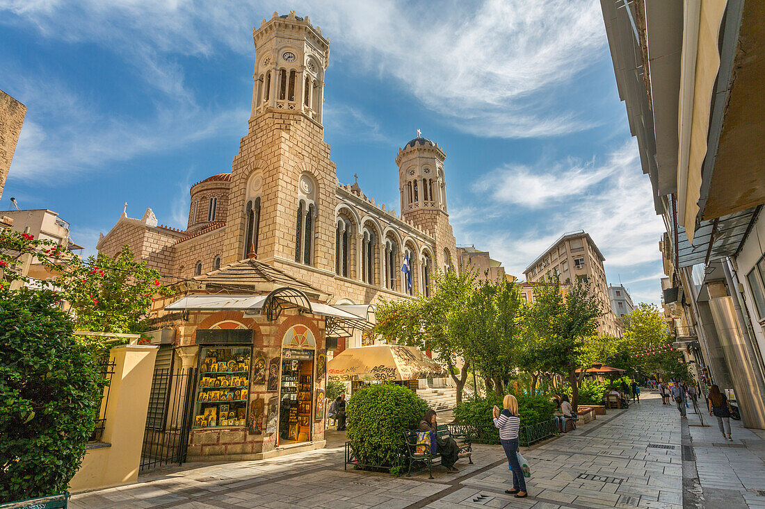 View of St. Irene Orthodox Church and souvenir shop, Monastiraki District, Athens, Greece, Europe