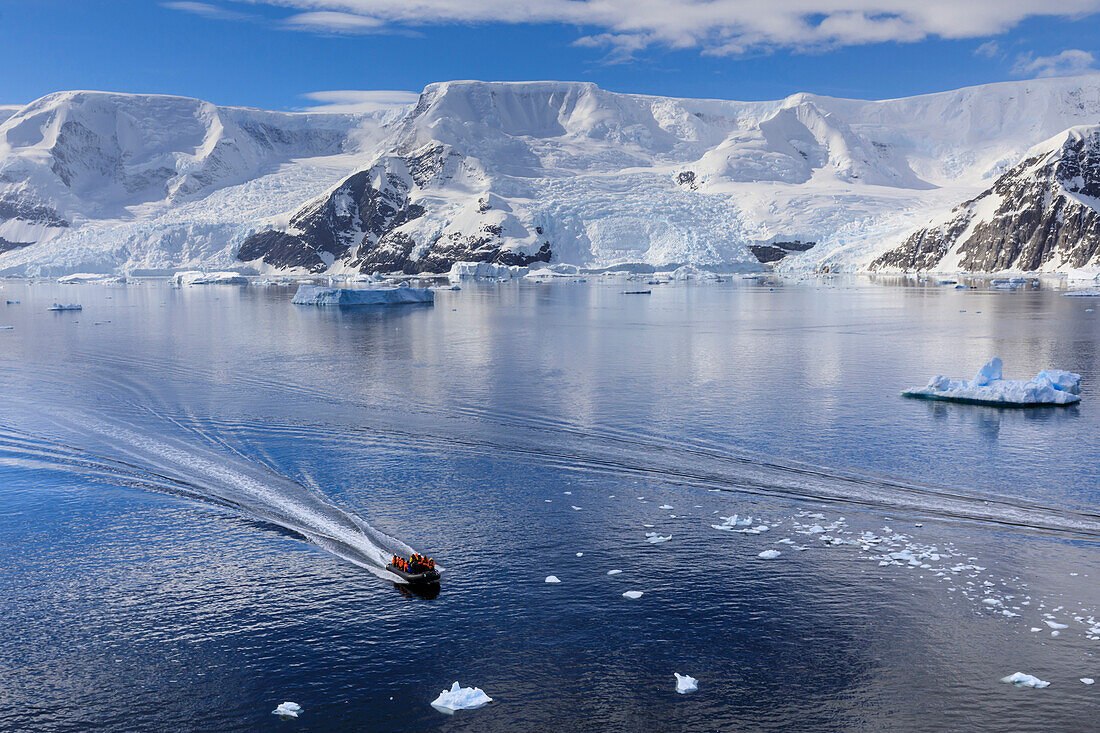 Early morning on a gorgeous day, elevated view of zodiac boat in Neko Harbour, Andvord Bay, Antarctic Continent, Antarctica, Polar Regions