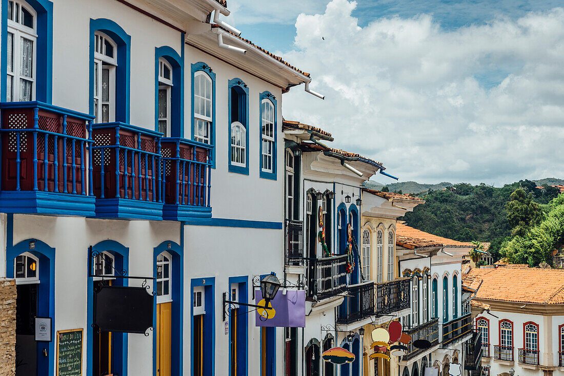 Colorful colonial buildings and narrow cobblestone streets of Ouro Preto, UNESCO World Heritage Site, Brazil, South America