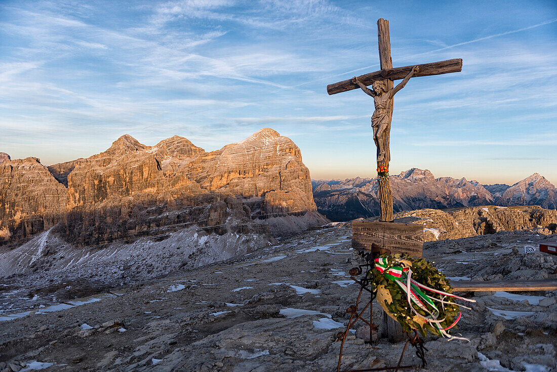 Summit Cross of Lagazuoi at sunset, Dolomites, Veneto, Italy, Europe