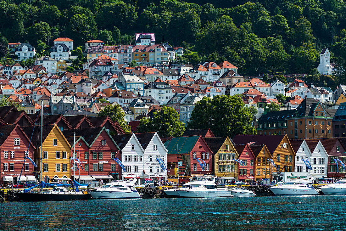 Historic Hanseatic buildings on wharf by Vagen harbour, Bryggen (Tyskebryggen), UNESCO World Heritage Site, Bergen, Hordaland, Norway, Scandinavia, Europe
