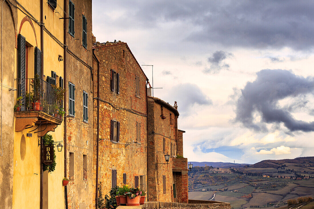 Typical houses of Pienza, Val d'Orcia, Siena province, Tuscany, Italy, Europe