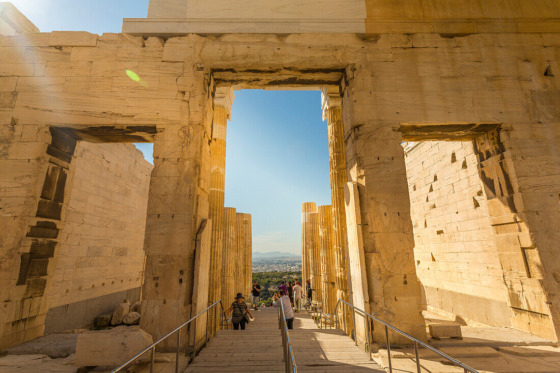View of the Propylaea, the principal gateway to The Acropolis, UNESCO World Heritage Site, Athens, Greece, Europe