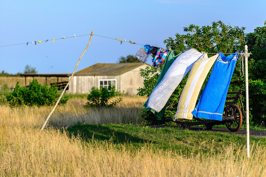 Clothesline with laundry in Neuendorf, Hiddensee, Ruegen, Ostseekueste, Mecklenburg-Vorpommern Germany