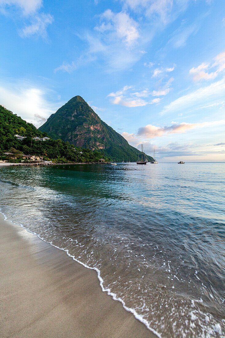 Gros Piton, UNESCO World Heritage Site, and Sugar Beach at dusk, St. Lucia, Windward Islands, West Indies Caribbean, Central America