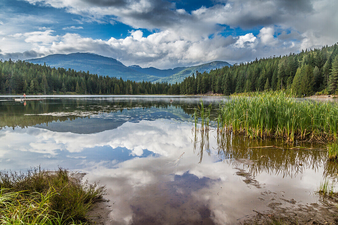 Mist on Lost Lake, Ski Hill and surrounding forest, Whistler, British Columbia, Canada, North America