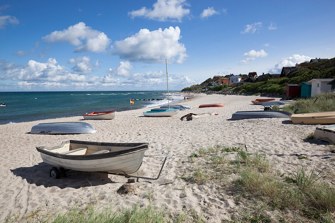 Boats on white sand beach and town behind, Tisvilde, Kattegat Coast, Zealand, Denmark, Scandinavia, Europe