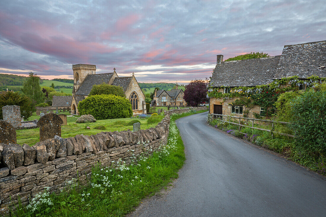 St. Barnabas church and Cotswold stone cottages at dawn, Snowshill, Cotswolds, Gloucestershire, England, United Kingdom, Europe