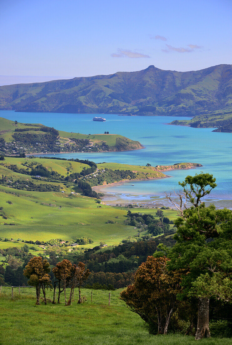 Blick in den Akaroa Harbour, Halbinsel Akaroa, Ostküste, Südinsel, Neuseeland