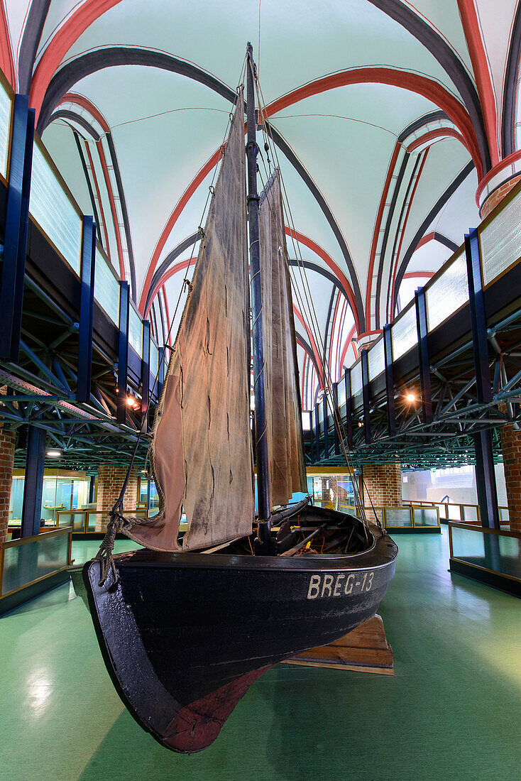 Old fishing boat in the Meeresmuseum, Stralsund, Ostseeküste, Mecklenburg-Vorpommern, Germany