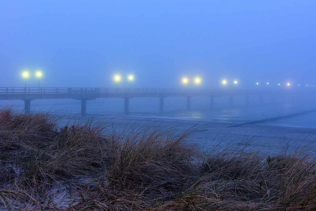 Fog at the pier, luxury hotel Heiligendamm, Baltic Sea coast, Mecklenburg-Western Pomerania