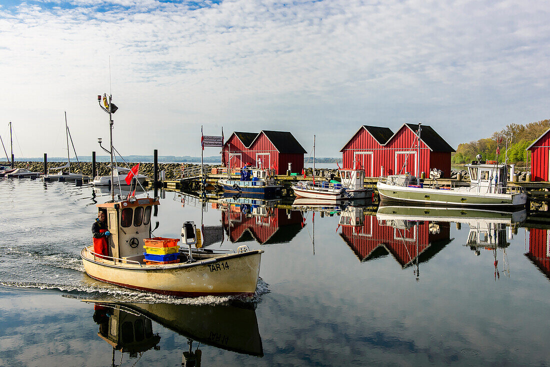 Swedish boat houses in the harbor of Boltenhagen, Baltic Sea coast, Mecklenburg-Western Pomerania, Germany