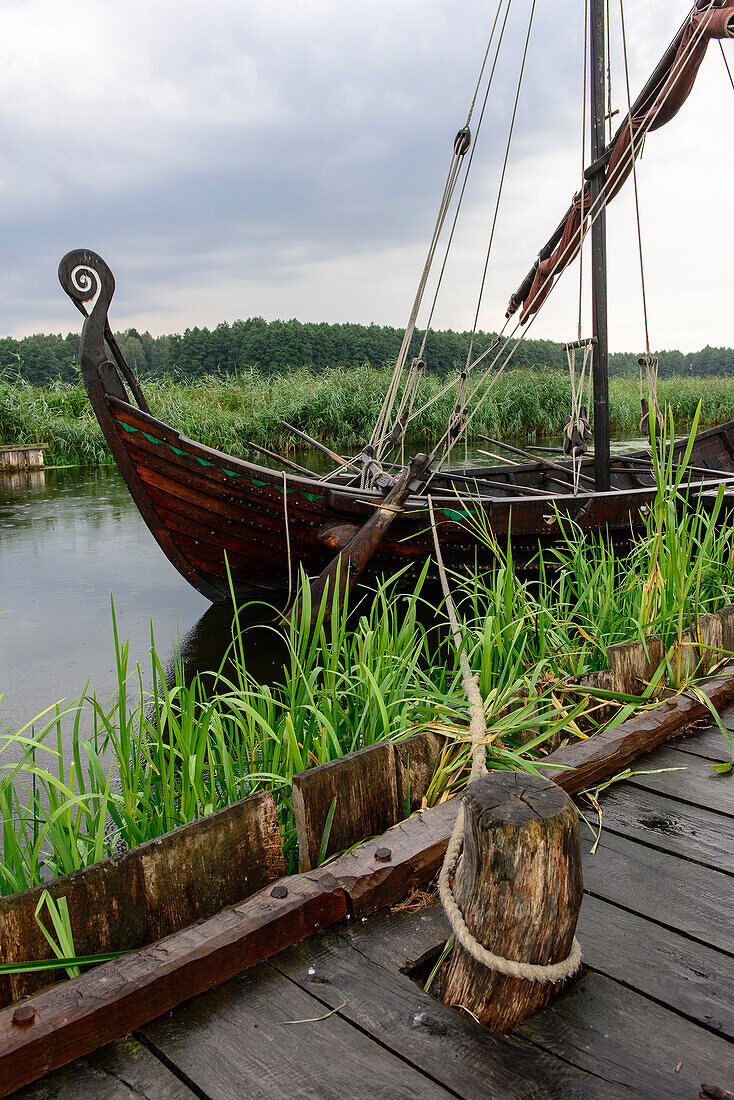 Historic wooden boat in the open-air museum Ukranenland in Torgelow, Baltic Sea coast, Mecklenburg-Vorpommern, Germany