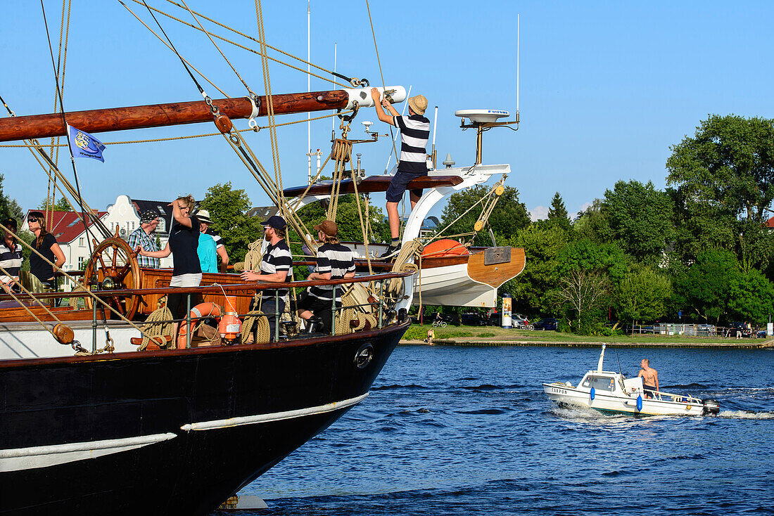 People on sailing ship, Rostock, Ostseeküste, Mecklenburg-Western Pomerania, Germany