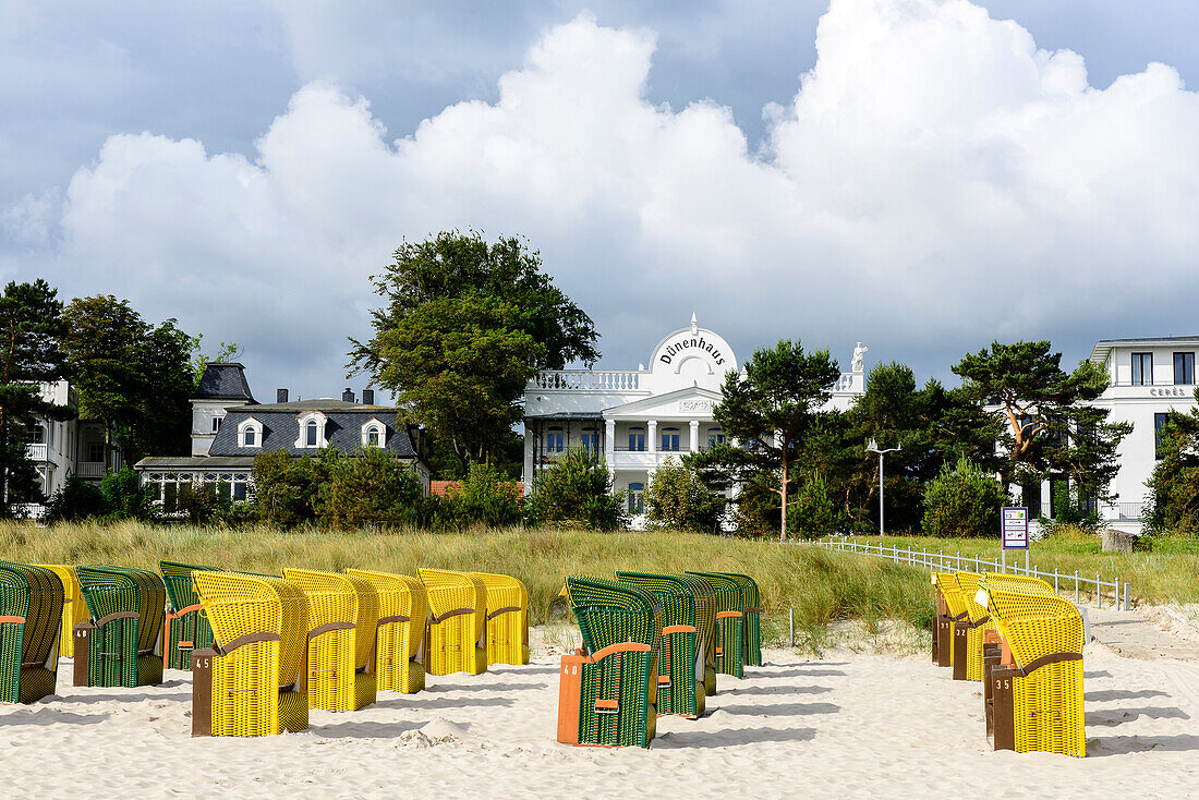 Beach with beach chairs with baeder architecture in Binz, Rügen, Ostseeküste, Mecklenburg-Western Pomerania, Germany