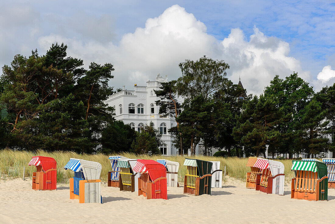 Beach with beach chairs with baeder architecture in Binz, Rügen, Ostseeküste, Mecklenburg-Western Pomerania, Germany