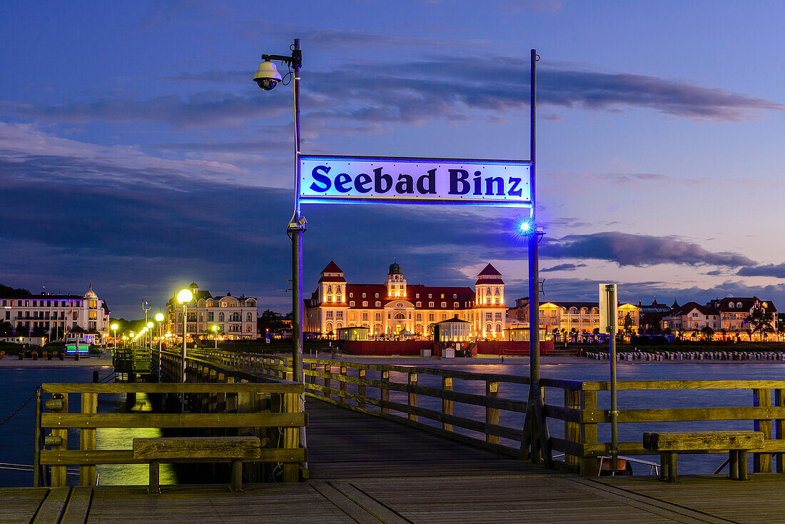 View from lake bridge on Kurhaus, Binz, Rügen, Baltic Sea coast, Mecklenburg-Vorpommern, Germany