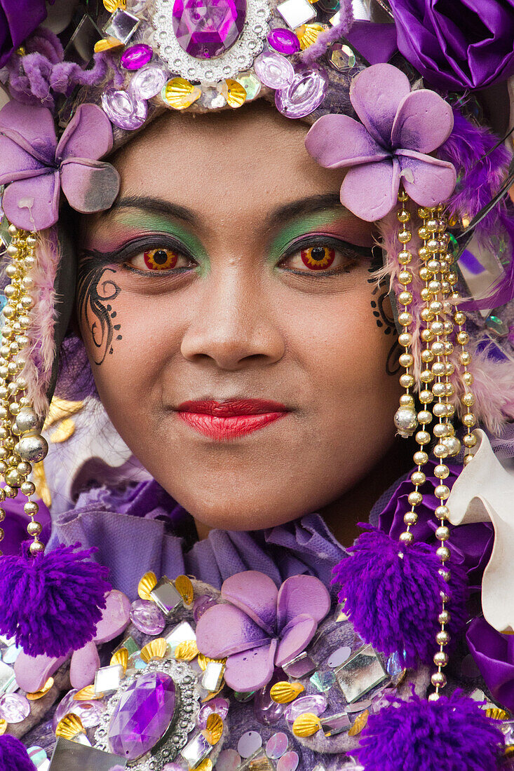 Indonesian woman in carnival costume celebrating Malan's 101st year anniversary, Malang, East Java, Indonesia, Southeast Asia, Asia