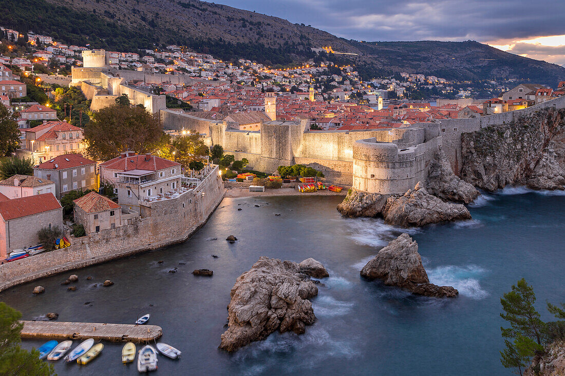 View at dawn from the Lovrijenac Fortress over the walled old town of Dubrovnik, UNESCO World Heritage Site, Croatia, Europe