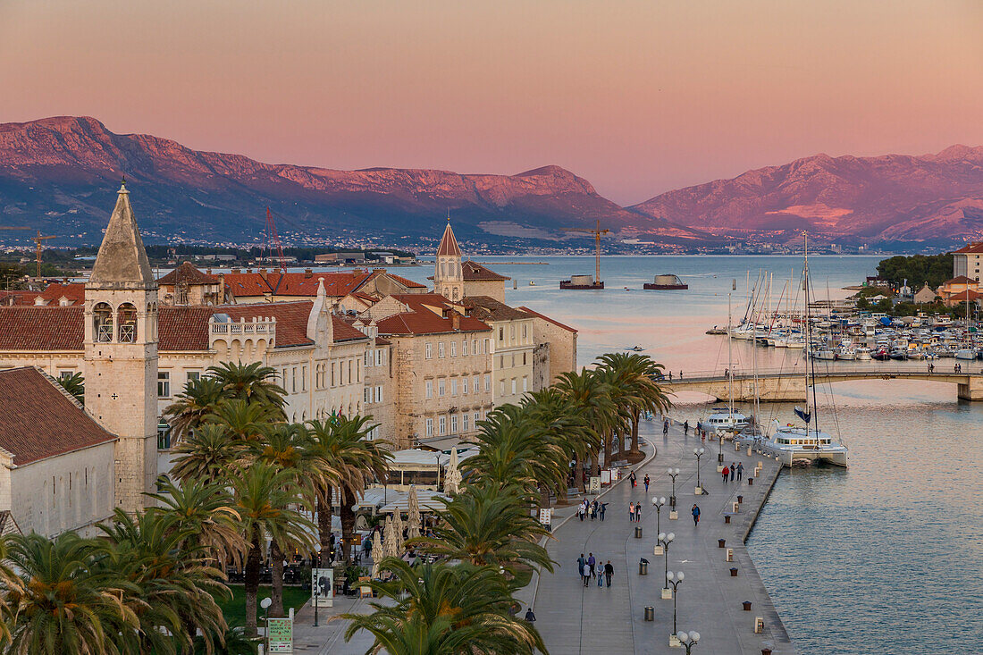 View from Kamerlengo Fortress over the old town of Trogir at sunset, UNESCO World Heritage Site, Croatia, Europe