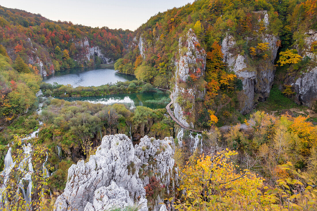 View from a lookout inside Plitvice Lakes National Park over the Lower Lakes, UNESCO World Heritage Site, Croatia, Europe