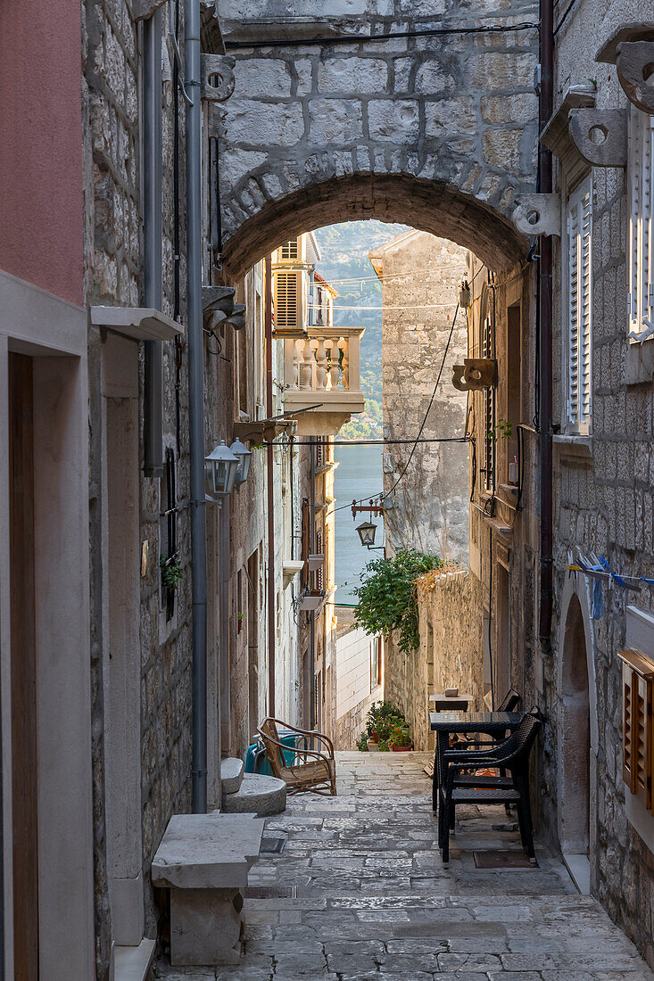 Narrow street in the old town of Korcula Town, Croatia, Europe