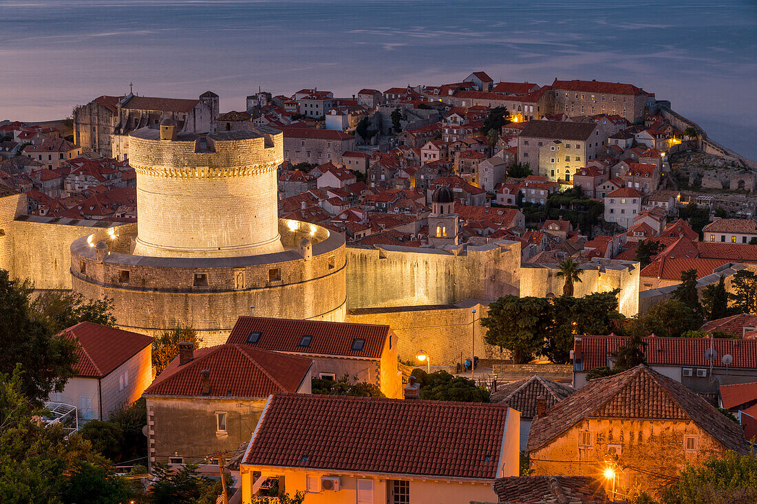 View from a lookout over Minceta Tower and the old town of Dubrovnik at dawn, UNESCO World Heritage Site, Croatia, Europe