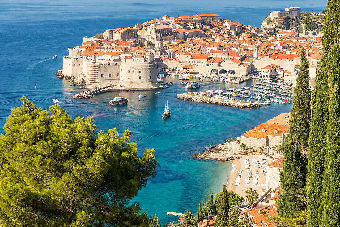 High-angle view over the old town of Dubrovnik and Banje Beach, Dubrovnik, Croatia, Europe