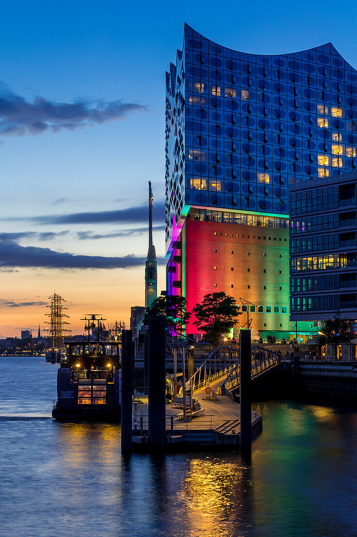 The Elbphilharmonie building with Pride illumination during the Christopher Street Day weekend in 2017, Hamburg, Germany, Europe
