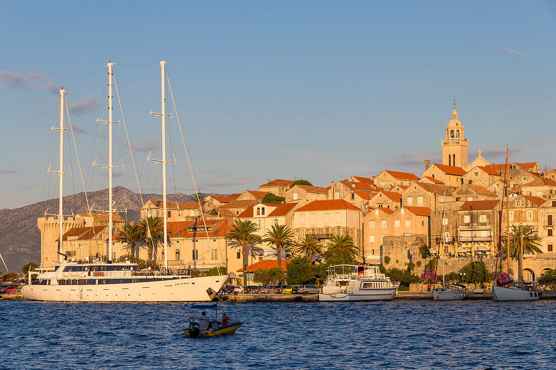 View to the old town of Korcula at sunset, Korcula, Croatia, Europe