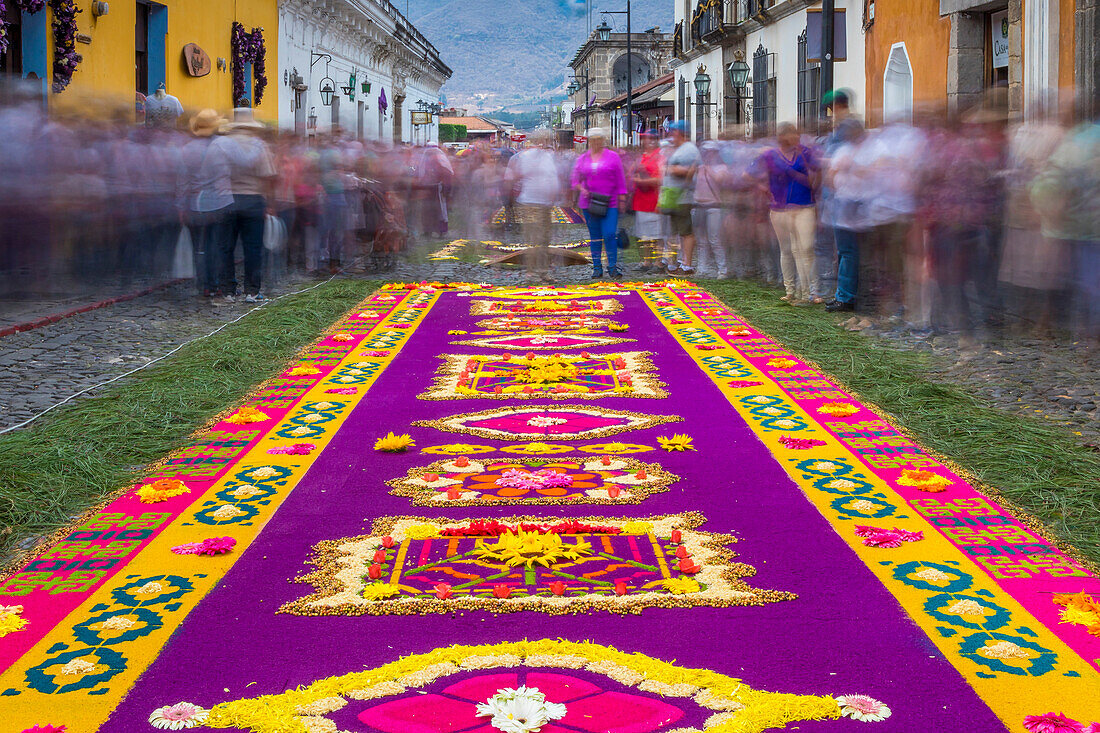 Sawdust carpet for the Good Friday procession during Holy Week 2017 in Antigua, Guatemala, Central America