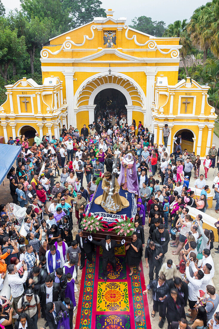 High-angle view over the Holy Tuesday Procession leaving the chapel El Calvario near Antigua during Holy Week 2017, Antigua, Guatemala, Central America