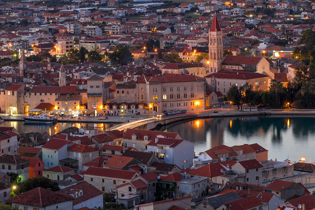 Elevated view over the old town of Trogir at dusk, UNESCO World Heritage Site, Trogir, Croatia, Europe