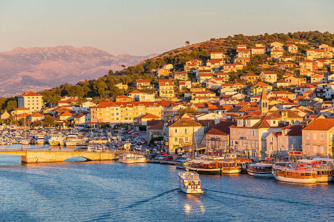 View from the Kamerlengo Castle over Ciovo Island at sunset, Croatia, Europe