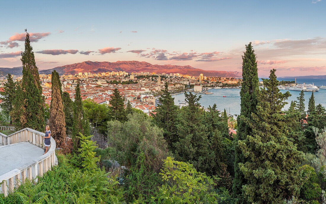 View from Marjan Hill over the old town at sunset, Split, Croatia, Europe